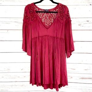 American Eagle Boho Maroon Embroidered Lace Peasant Prairie Dress Size M